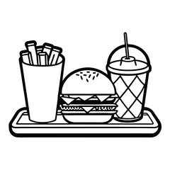 Fast Food Combo Meal on Tray – Minimal Line Art Vector Illustration