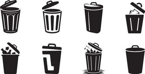Eight black silhouette trash can icons set. eps-10