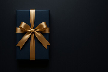Elegant dark blue gift box with gold satin ribbon on a dark background