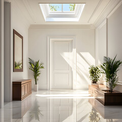 modern front entrance with plants and a skylight