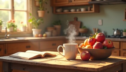 Cozy kitchen scene with wooden table. Bowl fresh apples, steaming mug open cookbook, window garden view. Home interior, culinary arts, home cooking, morning breakfast brunch dinner.