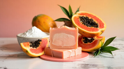 Promotional photo of lightening soap with papaya and clay. A bar of peach-colored soap surrounded by fresh papaya and kaolin clay.