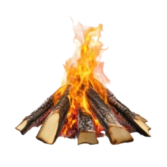 Fototapete Campsite fire burns brightly with logs and flames at night © Tanu