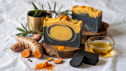 Promotional photo of cleansing soap with turmeric and charcoal. Bright yellow soap with dark flecks surrounded by turmeric root and a jar of frankincense essential oil.