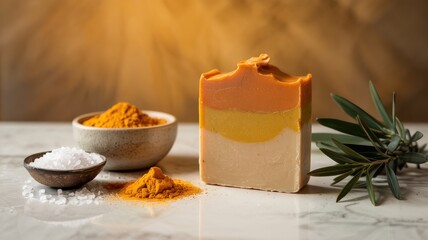 Promotional photo of detox soap with turmeric and sea salt. An orange bar of soap surrounded by sea salt and turmeric powder. A photo with a place for the text.