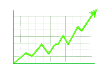 Upward trend showing strong growth represented by bright green line on on transparent background