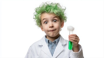 Curious caucasian child scientist with green hair and test tube, young boy in lab coat