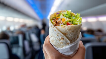Tasty burrito handheld in airplane cabin with blurred passenger background