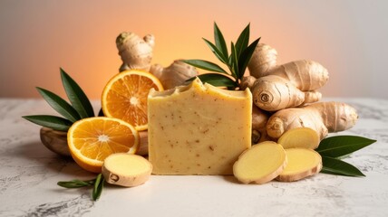 Promotional photo of soap with ginger and cleansing herbs. Soap surrounded by slices of fresh ginger root and jars of orange essential oil. A photo with a place for the text.