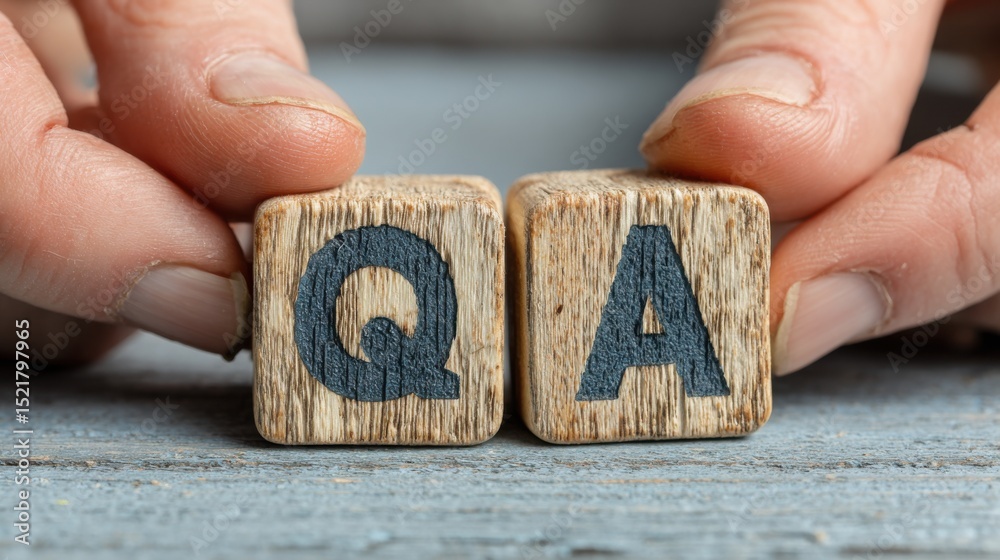 Fototapete Wooden Blocks Spelling QA Held by Hands, Embodying Problem Solving and Customer Support, Useful for Business Communication and Education Material : Generative AI