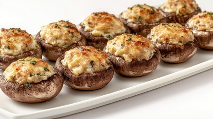 A beautifully arranged platter of stuffed mushroom caps filled with a creamy cheese and herb mixture