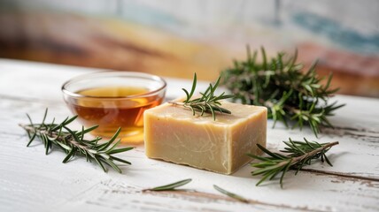 Promotional photo of soap with apple cider vinegar and rosemary. The bar of soap is light in color with hints of rosemary. Soap surrounded by rosemary sprigs and a cup of apple cider vinegar.