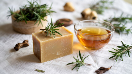 Promotional photo of soap with apple cider vinegar and rosemary. The bar of soap is light in color with hints of rosemary. Soap surrounded by rosemary sprigs and a cup of apple cider vinegar.