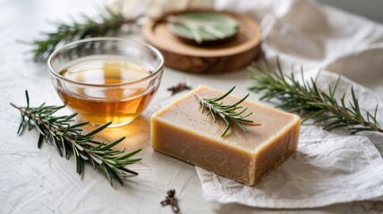 Promotional photo of soap with apple cider vinegar and rosemary. The bar of soap is light in color with hints of rosemary. Soap surrounded by rosemary sprigs and a cup of apple cider vinegar.