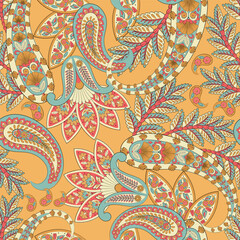 Colorful Paisley wallpaper. Vector Indonesian batik. Bright classic indian fabric. Paisley wallpaper. Ethnic background with paisley and stylized flowers. For textile, cover, wrapping paper, fabric