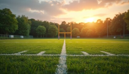 Rugby field with trimmed grass, white boundary lines, sturdy goalposts in rural landscape during golden hour. Soft sunlight, green grass, scenic views. Perfect place play match or enjoy game.