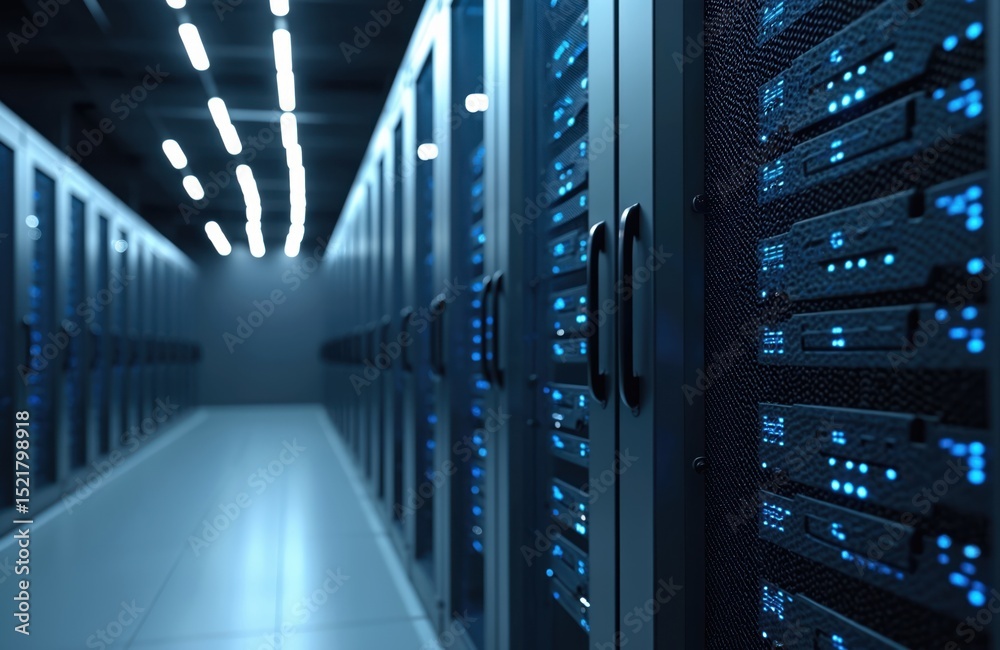 Aufkleber Spacious data center with server racks illuminated by blue LED lights. Modern tech infrastructure, data storage, computing, digital networking hardware. Information technology, business.