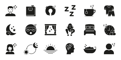 Sleep And Relaxation Solid Icon Set. Restful Sleep, Nighttime Routine, And Relaxation Silhouette Symbol Collection. Sleep Hygiene And Wellness. Isolated Vector Illustration