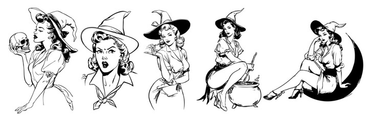 Plakat A set of vintage retro pin up style halloween witch. line art illustration style