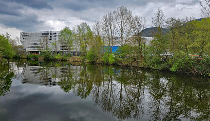 Obraz premium great view of the new stadium in Jena from the outside with the Saale river in the foreground