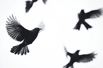 Obraz premium Slow motion flight of black birds against a bright white background captured in stunning detail