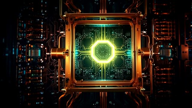 Complex, glowing circuit board with intricate copper and green lines. Central hexagram