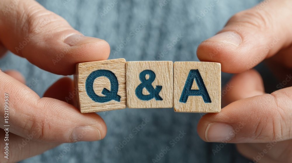 Poster hands holding wooden blocks spelling q&a, symbolizing knowledge sharing and customer service excelle