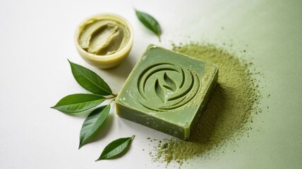 Promotional photo of Matcha green tea soap.
Next to it, sprinkled with matcha powder, matcha leaves and a bowl of shea butter. A background with a place for the text.