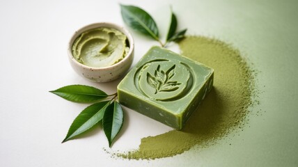 Promotional photo of Matcha green tea soap.
Next to it, sprinkled with matcha powder, matcha leaves and a bowl of shea butter. A background with a place for the text.