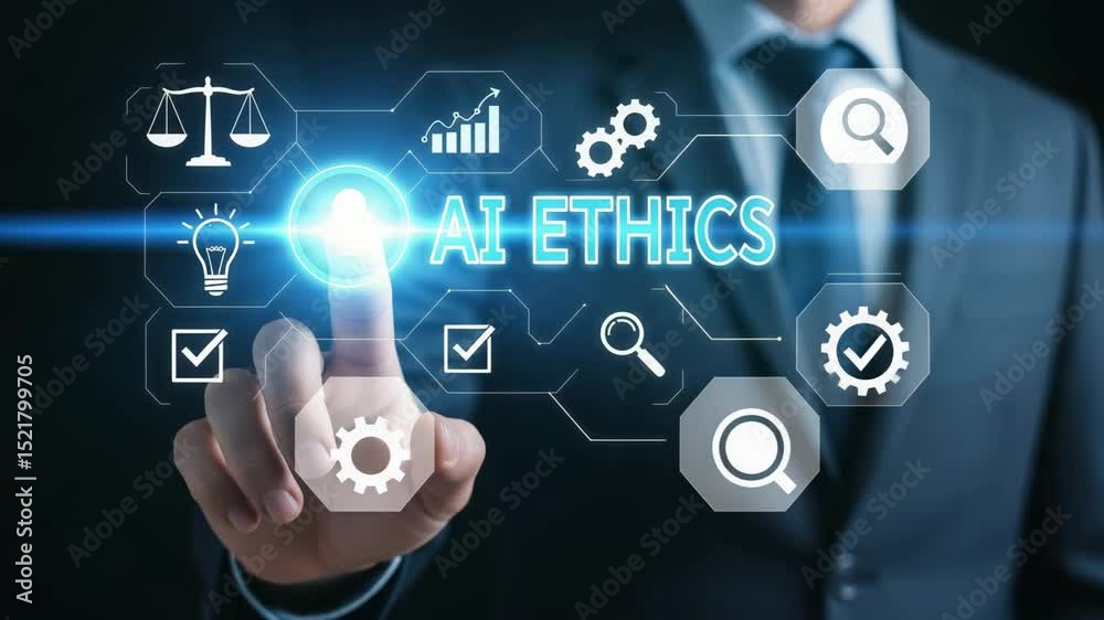 Poster man in suit touching ai ethics interface with scales bulb gears and magnifying glass icons