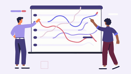 Fototapeta premium Collaborating team analyzes trending data on a whiteboard brainstorming solutions and insights with modern