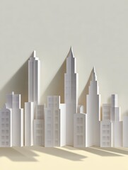 Elegant papercraft city skyline illustration.  Clean lines, soft shadows, and a minimalist aesthetic. Ideal for real estate, urban design, or architecture projects.