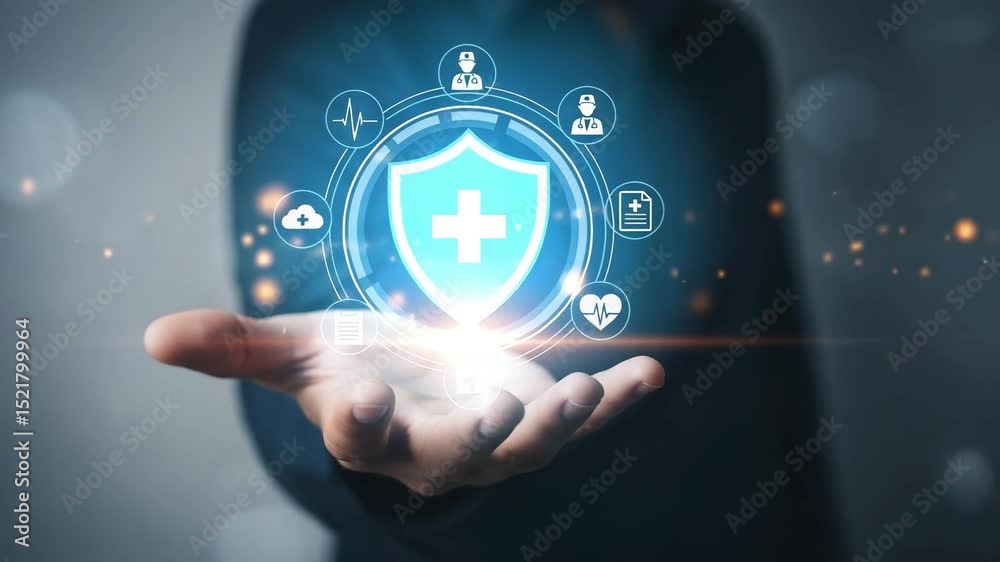 Poster a hand holding a shield with a white cross and medical icons surrounding it in a digital display