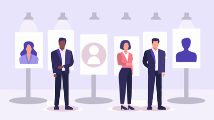 A diverse group of professionals showcased at an art gallery in a modern career exhibition with soft flat