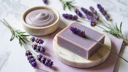 Rhassoul Clay & Lavender Soap
Promotional photo of a bar of soap in delicate lavender color, decorated with fresh lavender flowers. The background is slightly blurred.