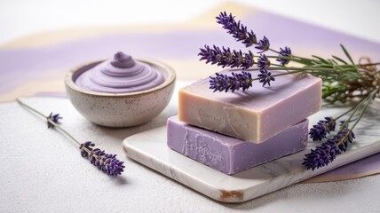 Rhassoul Clay & Lavender Soap
Promotional photo of a bar of soap in delicate lavender color, decorated with fresh lavender flowers. The background is slightly blurred.