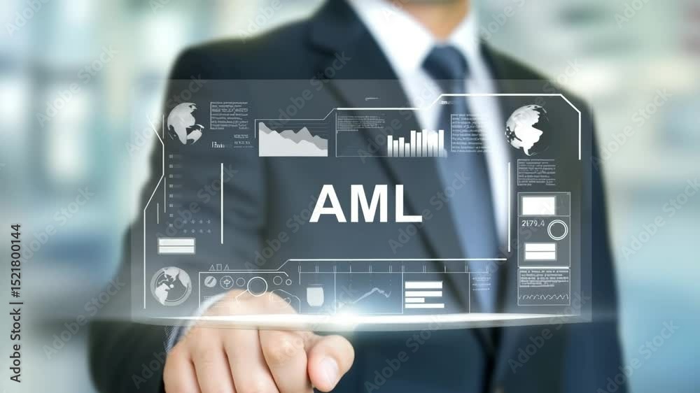 Poster Man in suit pointing at aml text surrounded by icons in a digital interface display screen