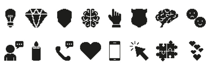 Pixel Art Icon Set. Light Bulb, Diamond, Shield, Brain, Hand, And More. Creative And Communication Symbols Collection For Digital Design And User Interface Elements. Isolated Vector Illustration