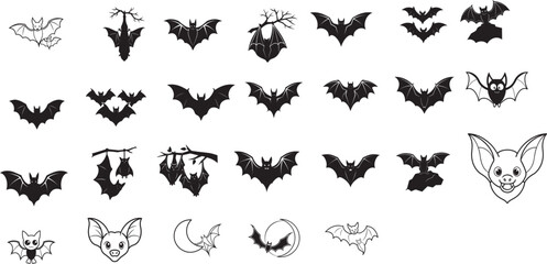 Black and White Bat Illustration Collection for Halloween Decor and Fabric