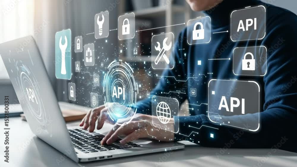 Aufkleber Person typing on laptop with api interface icons and digital network overlaying the screen view