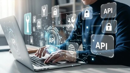 Person typing on laptop with api interface icons and digital network overlaying the screen view - Powered by Adobe