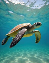 Obraz premium Sea turtle swims underwater near surface. Marine animal turtle in blue ocean with sand at bottom. Tropical underwater world with sea turtle swimming. Wildlife in natural habitat.