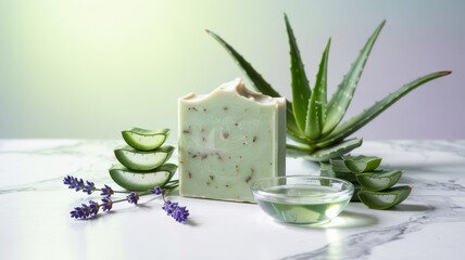 Soap with aloe vera and sea clay.
There is a piece of soap next to fresh aloe leaves and lavender flowers. An advertising photo with a place for the text.