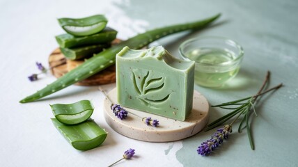 Soap with aloe vera and sea clay.
There is a piece of soap next to fresh aloe leaves and lavender flowers. An advertising photo with a place for the text.