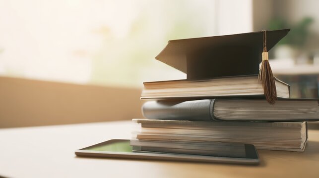 Stacked university books rest on a wooden table, accompanied by a black graduation cap and a tablet. Soft light streams in, creating an inspiring study atmosphere ideal for learning