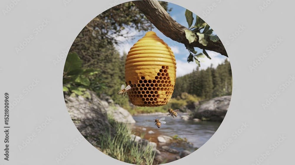 Fototapete hyper-realistic 3d rendering of beehive hanging from tree branch. detailed honeycomb structure and r