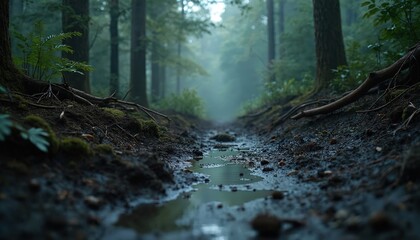 Forest path leads through tranquil woodland with water puddle on the ground. Trees, rich greenery, create moody atmosphere. Nature, outdoor scenery. Peaceful moment of harmony.