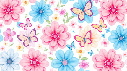 3d render, horizontal floral pattern. Abstract cut paper flowers isolated on white, botanical background. Rose, daisy, dahlia, butterfly, leaves in pastel colors. Modern decorative handmade design