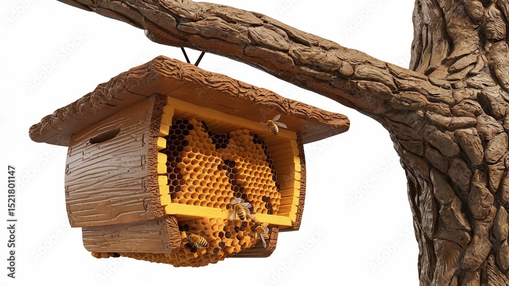 Fototapete hyper-realistic 3d rendering of beehive hanging from tree branch. detailed honeycomb structure and r