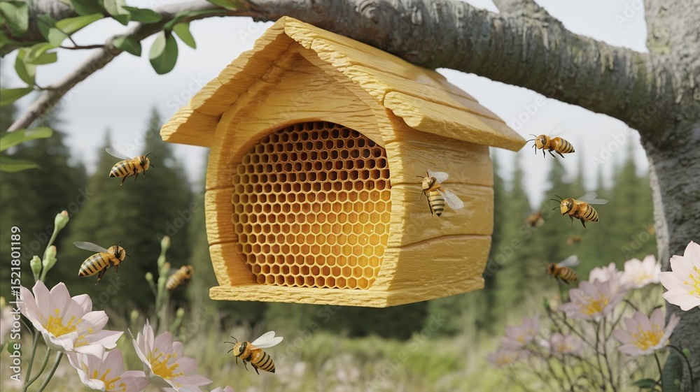 Fototapete hyper-realistic 3d rendering of beehive hanging from tree branch. detailed honeycomb structure and r
